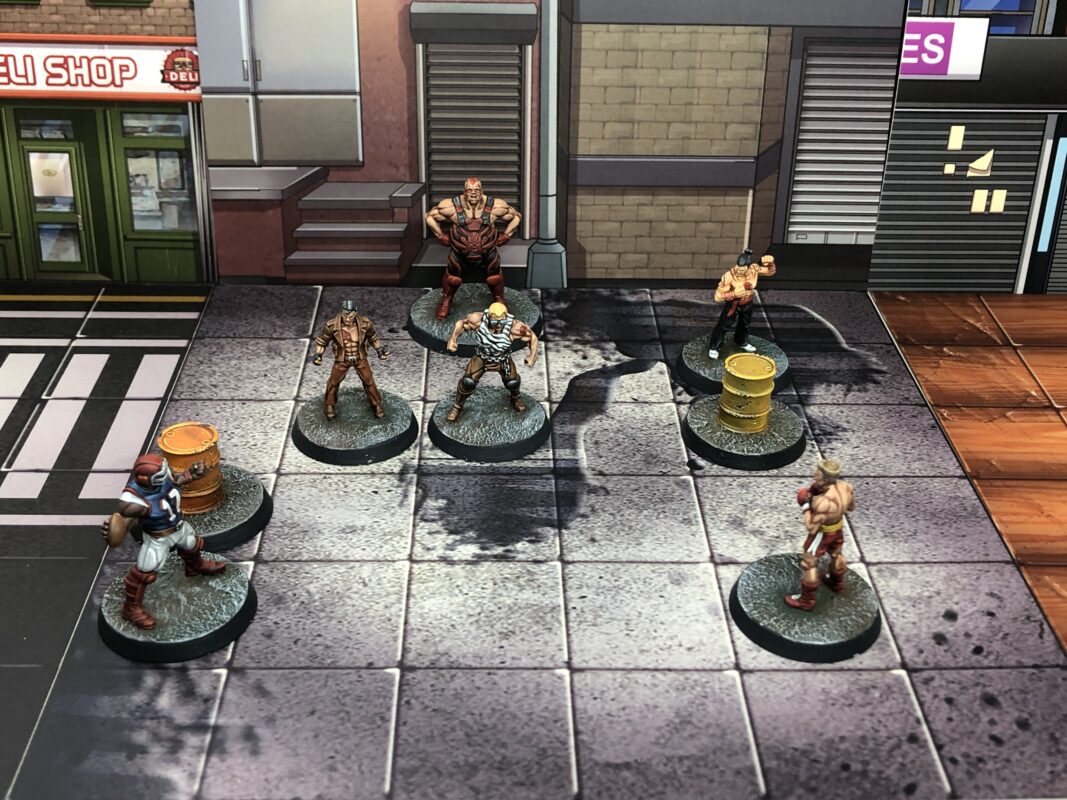 Beat Em Up street tiles with miniatures mid-fight