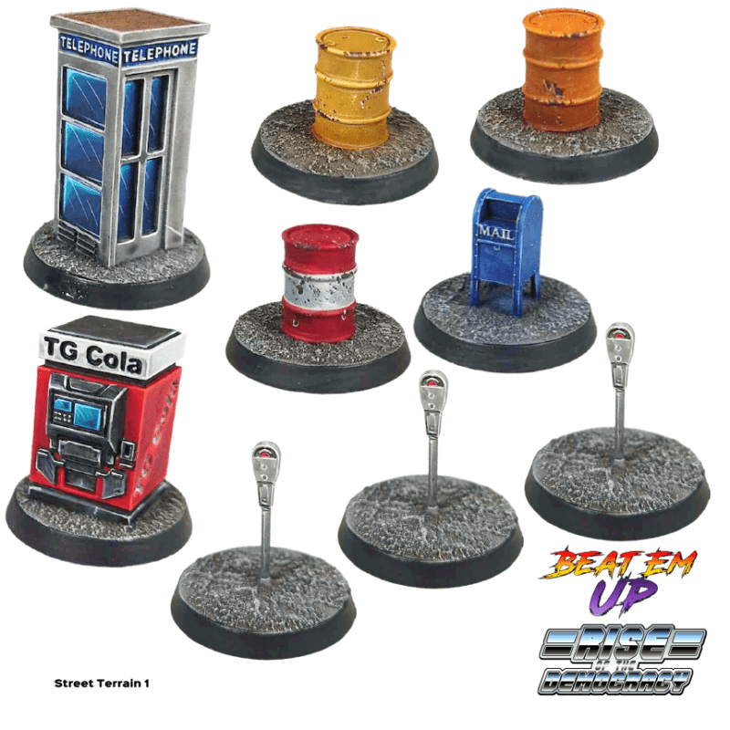 Beat Em Up street terrain: phone box, barrels and parking meters