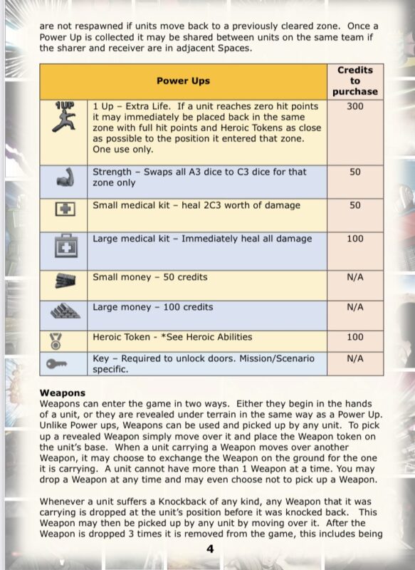 Beat Em Up rules page: the power-ups table