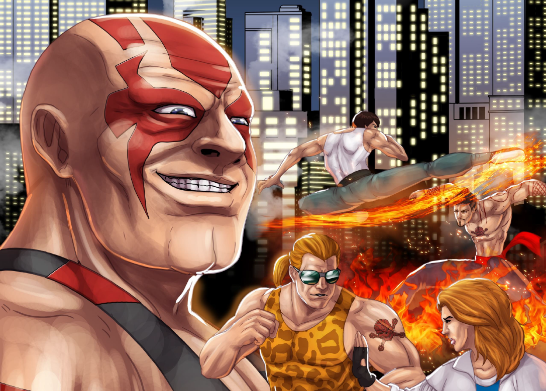 Beat Em Up artwork: street fighters squaring up to a grinning villain