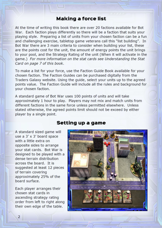 Bot War 3 rulebook page: making a force list and setting up a game