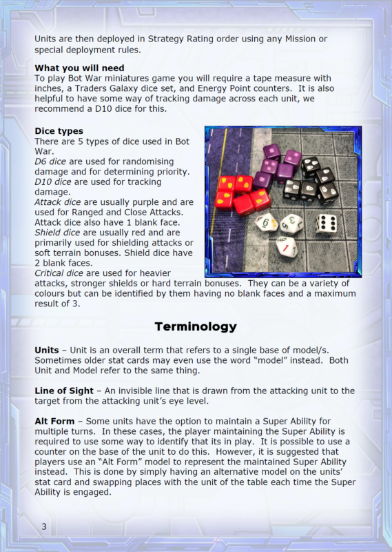 Bot War 3 rulebook page: dice and terminology