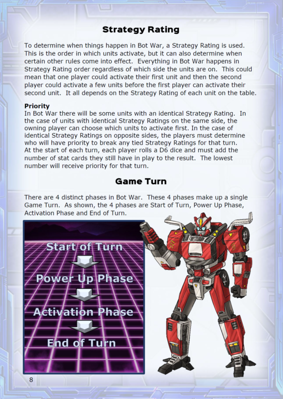 Bot War 3 rulebook page: Strategy Rating and the game turn